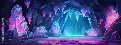 Mine cave with crystal treasure. Inside view. Cartoon illustration.