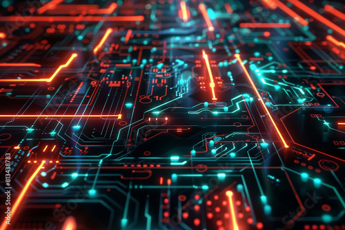 A digital background of illuminated circuitry, blending futuristic technology with dynamic geometric shapes 