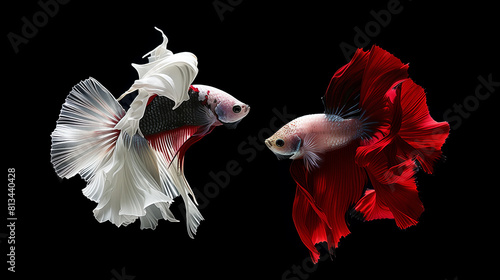 Beautiful movement of golden and white betta fish. Two red and one white Siamese fighting fish flying in the air.