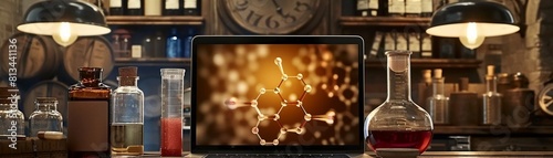 Next to foodgrade samples, a laptop screen shows a molecular model, illustrating the scientific progress in pharmaceutical drug development