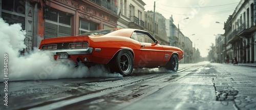 In a display of raw power, a red performance car burns rubber on a deserted urban street, smoke engulfing the area as its tires scream against the pavement 8K , high-resolution, ultra HD,up32K HD