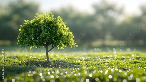 Lush and Vibrant Green Tree Flourishing in Serene Natural Landscape with Sparkling Dappled Sunlight