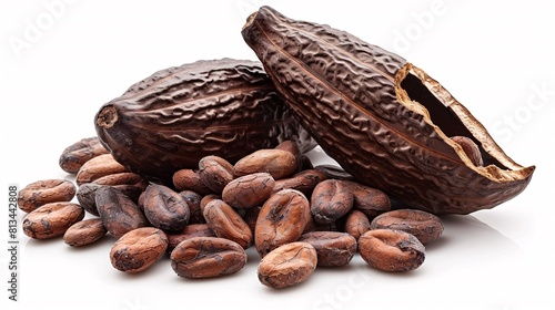 A cocoa pod and beans on a blank background, with a bean isolated using a clipping path.