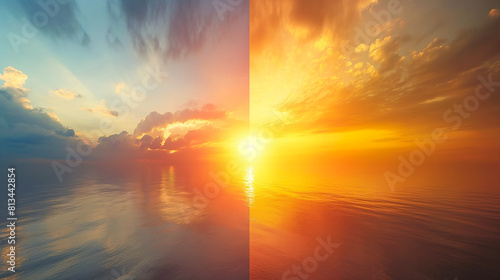 Summer Solstice Sunrise And Sunset Over Sea Water, Sun Equinox And Beach Waves