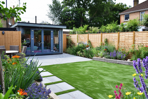 A general view of a back garden with artificial grass, grey paving slab patio, flower bed with plants, timber fences, blue shed, summer house garden timber outbuilding
