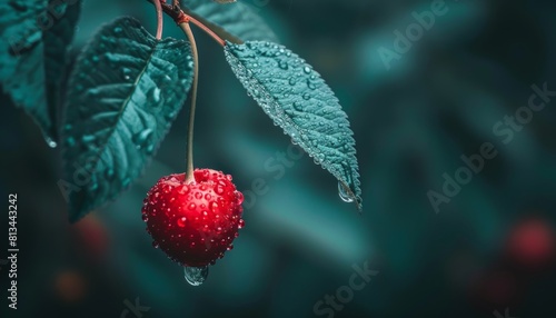 Macro close up of dewy fresh cherry hanging on tree, ideal wide banner with copy space