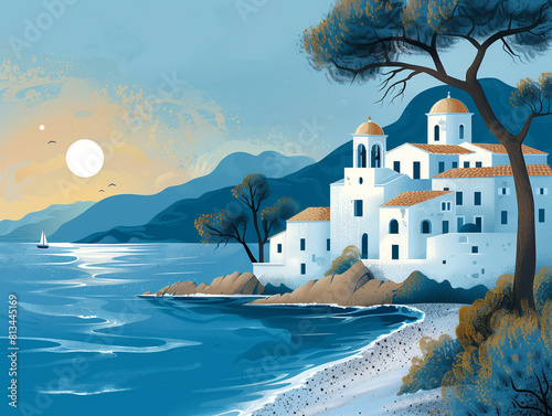 Mediterranean village Landscape illustration