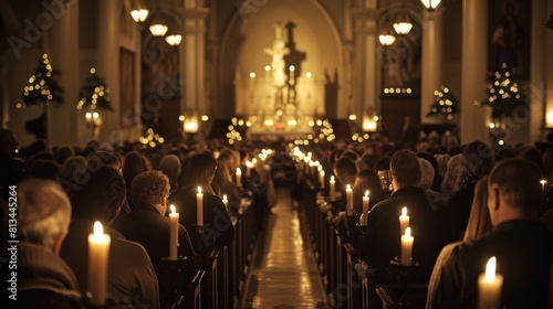 Christmas Eve Midnight Mass: a reverent scene of worshippers attending midnight mass on Christmas Eve, with candles flickering in the dimly lit church 