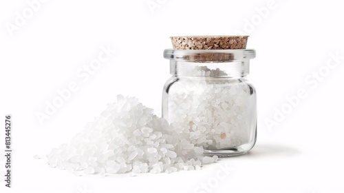 A clear glass shaker filled with unrefined sea salt, set apart from its surroundings.