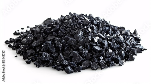 Heap of ebony silica sand separated on a blank backdrop. Smashed silica is utilized in building materials, water purification, and farming.