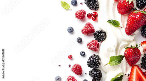 Mixed berries strawberries, blackberries and raspberries on white Falling wild berries mix, strawberry, raspberry, blackberry, isolated on white background, Generative AI 