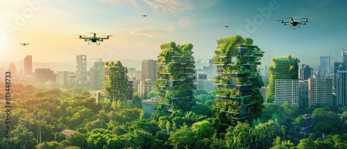 The city is full of green buildings and flying cars. People are living in harmony with nature.