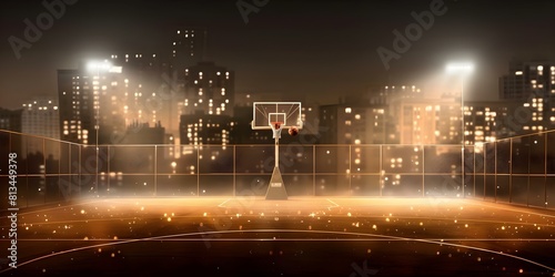 Urban basketball court at night with sports hoop against city backdrop. Concept Urban Photo Shoot, Night Time Shot, Basketball Court, City Skyline, Sports Photography