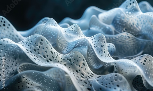Close-up of a blue and white surface with a wavy pattern. The surface is made of a soft, flexible material.