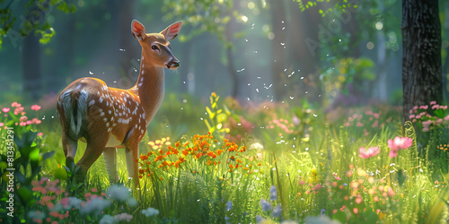 A baby deer in a forest, Cute deer standing in tranquil meadow at dusk 