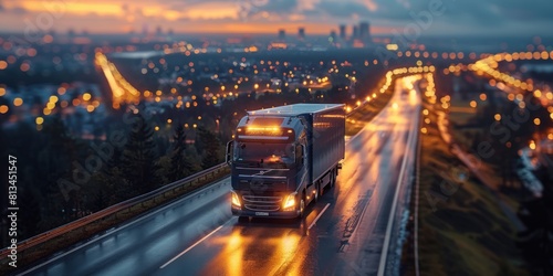 Midnight Journey: Illuminated Semi Truck Travels Down Nighttime Highway