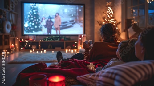 Holiday Movie Night: a cozy living room transformed into a cinematic haven for a holiday movie night. a classic Christmas film projected onto a big screen. 