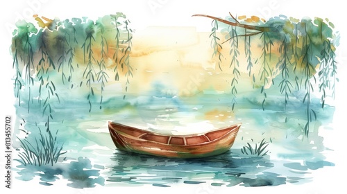 A kawaii watercolor of a small boat floating on a calm pond, surrounded by weeping willows, Clipart isolated on white