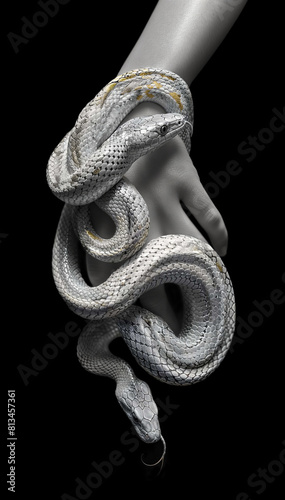 Woman's hand, covered in a glossy sheen, gently intertwines with two silvery snakes. Visual metaphor for elegance and danger