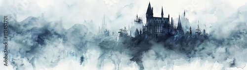 A watercolor of an ancient castle shrouded in fog, creating a mysterious and gothic atmosphere, Clipart isolated on white