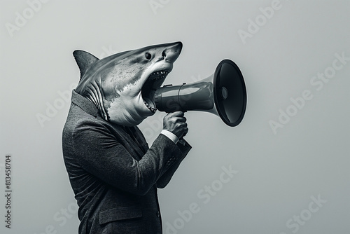 Striking surreal image of a shark-headed businessman using a megaphone, a metaphor for aggressive corporate communication - AI generated