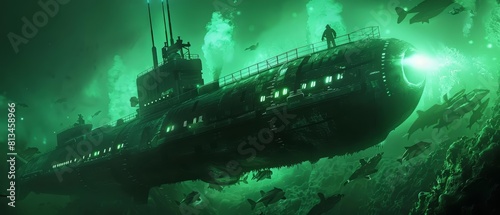 As the comet hit, the last unmanned submarine explored the oceanic abyss, its path illuminated by bioluminescent creatures in a surreal green glow, scifi photo