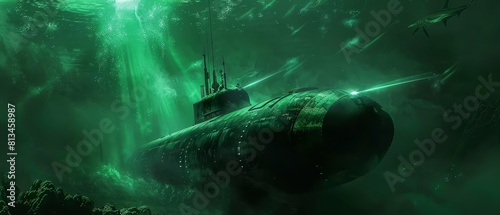 As the comet hit, the last unmanned submarine explored the oceanic abyss, its path illuminated by bioluminescent creatures in a surreal green glow, scifi photo