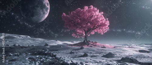 As the pandemic swept over the deserted planet, a single cherry tree, luminous in pink, stood defiant on the moons surface, scifi photo