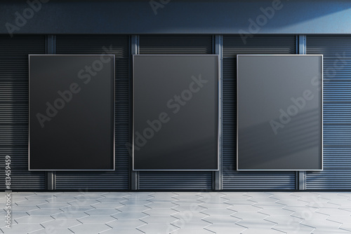 Empty dark gray linear blinds gallery wall with mock up banners. Museum concept. 3D Rendering.