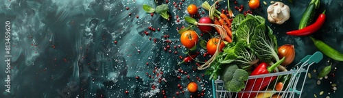 Envision a food graphic design with fresh vegetables and a bubbling hot soup, creatively arranged in a shopping cart to symbolize abundance and health