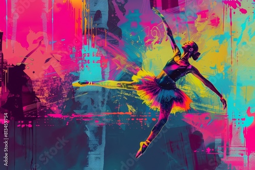 Futuristic Pop art color of a ballet dancer performing on International Dance Day, accented with cyberpunk color and prepared as a synth wave illustration template