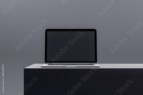Elegant laptop on a black podium featuring a dark screen, suitable for high-end tech displays and presentations. 3D Render