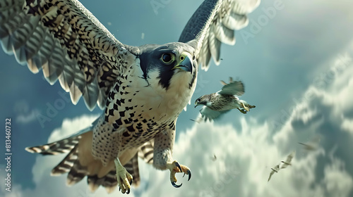 A falcon diving from the sky with incredible speed and precision to catch a small bird mid-flight