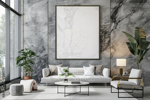 Marble living room interior with sofa potted plants and vertical poster hanging above on marble wall.