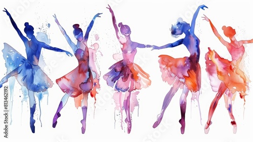Set of watercolors showing a sequence of dance movements from ballet, each position gracefully captured, Clipart isolated on white