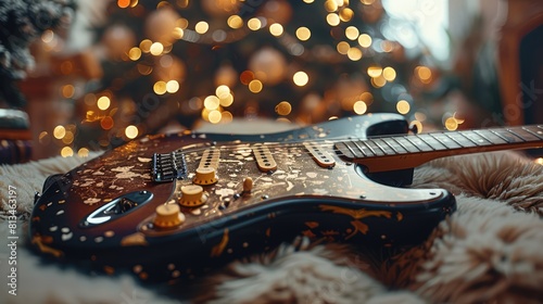 Music holiday composition with close up electronic guitar on blurred concert background with bokeh effect. Generative AI