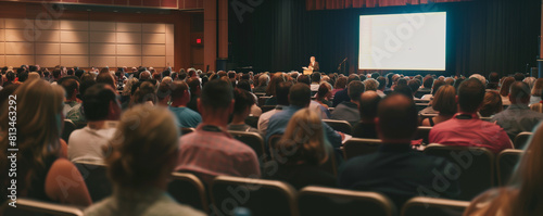 Audience Captivated by a Speaker at a Financial Seminar in a Modern Hall
