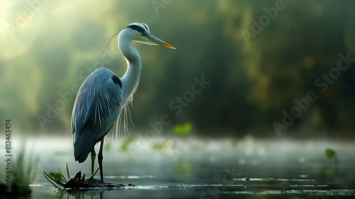 A heron standing motionless at the water's edge, waiting for a fish to come within striking distance