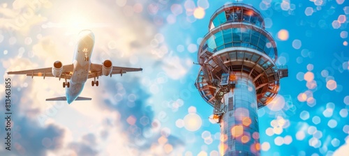 Airport control tower with departing airplane in blurred background, copy space available