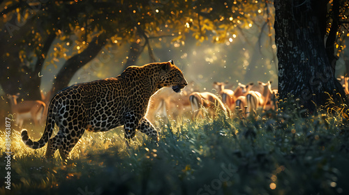 A leopard stealthily approaching a herd of impalas, blending into the dappled shadows of the forest. 