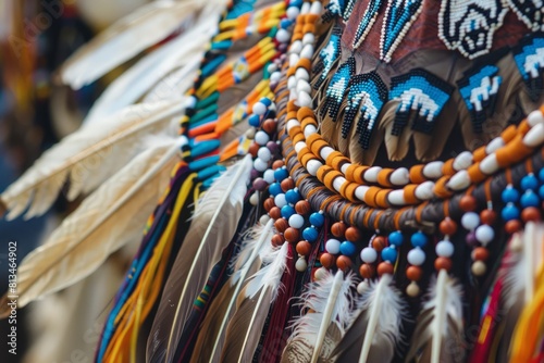 A Native American powwow regalia adorned with feathers, beads, and fringe, representing cultural identity and tradition, Generative AI