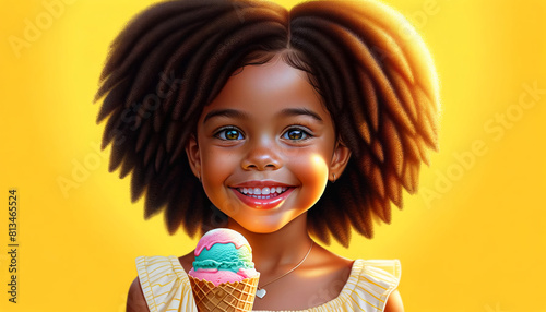 A little Afro girl with beautiful eyes and a joyful smile holding an ice cream in a waffle cone on yellow background. Copy space. Design.