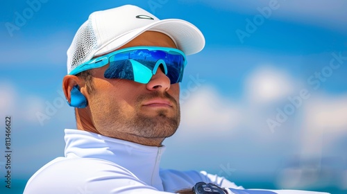 Sailor s intense gaze searching horizon for wind direction at summer olympic games