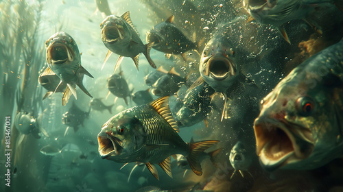 A school of piranhas launching a frenzied attack on a larger fish that has strayed into their territory
