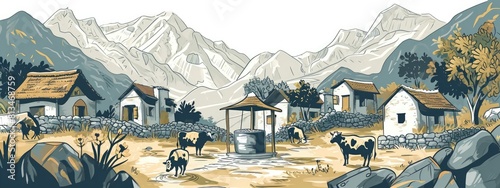 old-style living in an Indian village set in a rural area, cartoon illustration