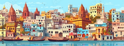 city of Varanasi with river Ganges in India. cartoon illustration