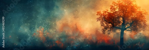 Vibrant and dreamlike vintage concept background with a glowing fiery tree silhouetted against a mystical atmospheric landscape of warm autumnal hues