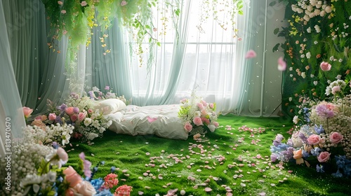 A whimsical fairy tale-themed photo studio with lush green grass, colorful flowers and soft pastel colors, creating an enchanting backdrop for portrait photography