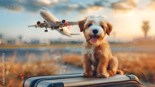 Happy dog in airport terminal going to vacation. Cute adorable puppy sitting on suitcase and smiling, airplane flying at background, travel to summer holiday or moving with loving pets concept. 