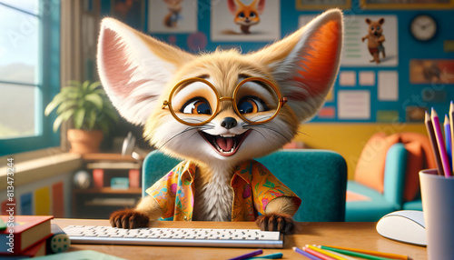 Cute cartoon fox with glasses coding on computer, joyful expression, colorful room, tech-savvy, playful environment. concept:IT, programming education, training, children's it courses